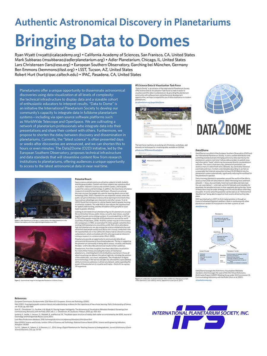 ryanwyatt's tweet photo. Interested in how @IPS_Planetarium is trying to leverage #dataviz in domes? Come to poster 360.13 “Authentic Astronomical Discovery in Planetariums: Bringing Data to Domes” at #AAS231 or download the poster here:
https://t.co/AjDiMp2sPJ https://t.co/13GcpWwOgl