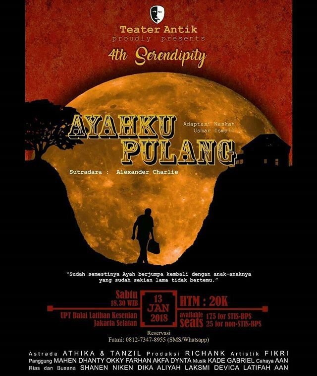 EventBooming (@eventbooming) on Twitter photo PRODUKSI TEATER ANTIK
mempersembahkan
AYAHKU PULANG
karya Usmail Ismail
sutradara Alexander Charlie
MALAM INI! Sabtu, 13 Januari 2018
Pukul 18.30 WIB
di UPT Balai Latihan Kesenian
Jakarta Selatan
.
<a href="/teater_antik/">Teater Antik</a> PRODUKSI TEATER ANTIK
mempersembahkan
AYAHKU PULANG
karya Usmail Ismail
sutradara Alexander Charlie
MALAM INI! Sabtu, 13 Januari 2018
Pukul 18.30 WIB
di UPT Balai Latihan Kesenian
Jakarta Selatan
.
<a href="/teater_antik/">Teater Antik</a>