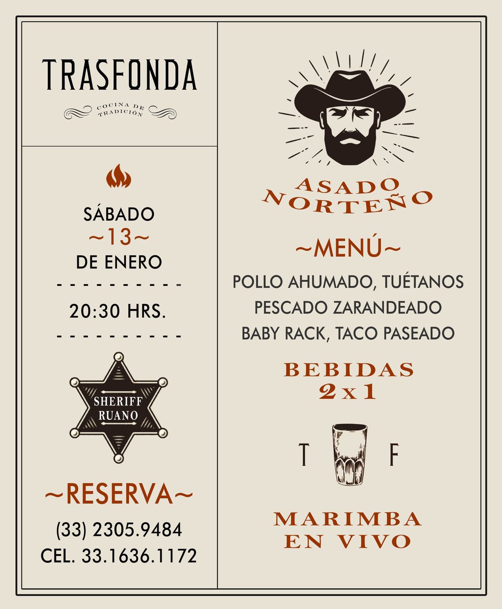 Trasfonda's tweet photo. ¡Ya viene el sábado y con ello, el Asado de Trasfonda! Marimba en Vivo y bebidas 2x1 Reserva al (33) 2305.9484 / cel 33.1636.1172 https://t.co/MYmK5H9DXx