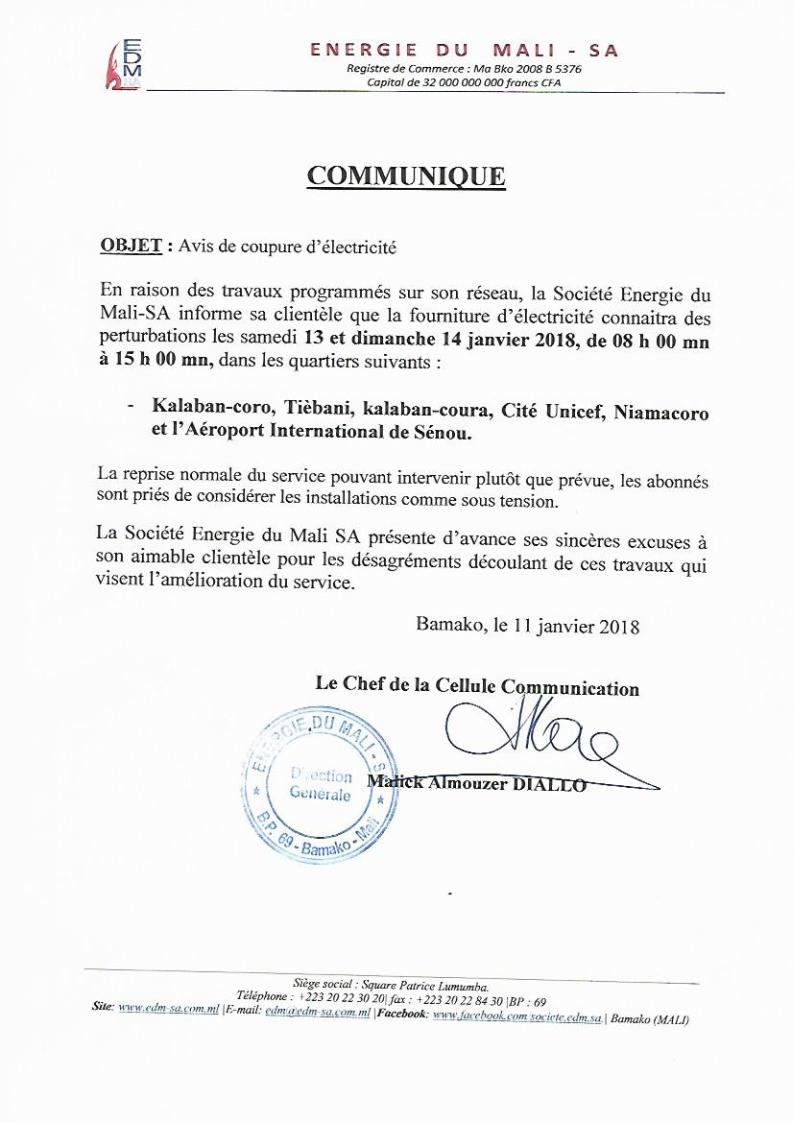 EDMSAofficiel's tweet photo. Pour raison de travaux,la fourniture d’électricité connaitra des perturbations le 13 et 14 Janvier 2018 de 7h à 17h à Kalaban, tiébani,cité Unicef, Niamakoro et l’aéroport de Sénou. https://t.co/0zoQvfUtrM