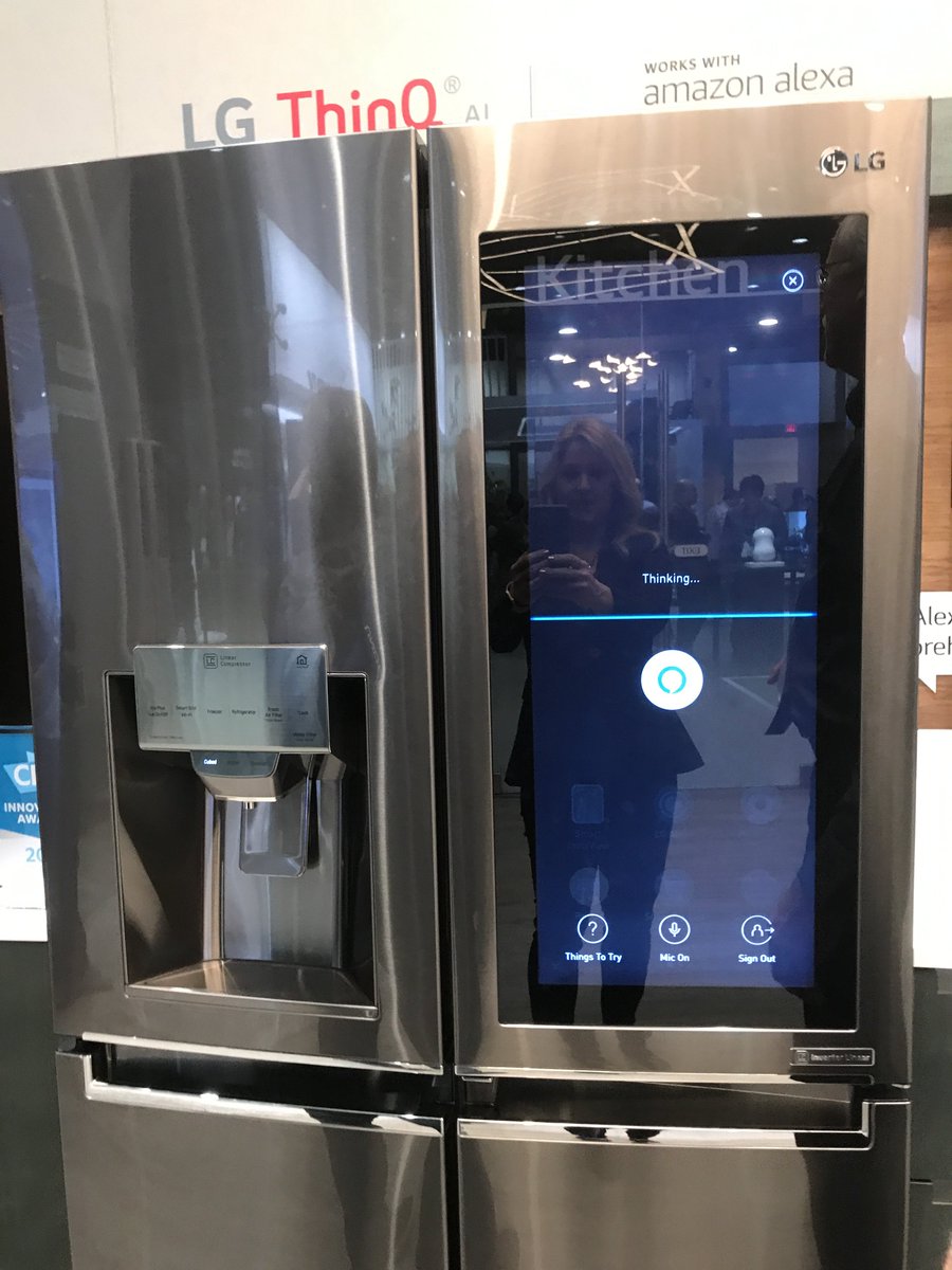 JenniferJolly's tweet photo. Highlights from #CES - ordering donuts and caviar (on someone else's #AmazonPrime from an LG's THINQ Alexa-connected fridge @LGUS #SmartThingsCES2018 #CES2018 #tech #technology #smarthome https://t.co/B8wf3vGsxd