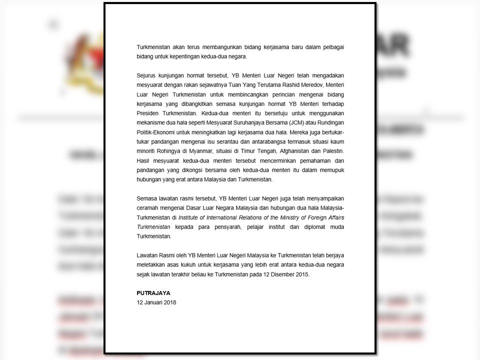 BuletinTV3's tweet photo. Siaran akhbar oleh Kementerian Luar Negeri, Malaysia berkenaan hasil lawatan rasmi Menteri Luar Negeri, YB Datuk Sri Anifah Haji Aman ke Turkmenistan pada 10-11 Januari 2018. https://t.co/X8RtcsA230