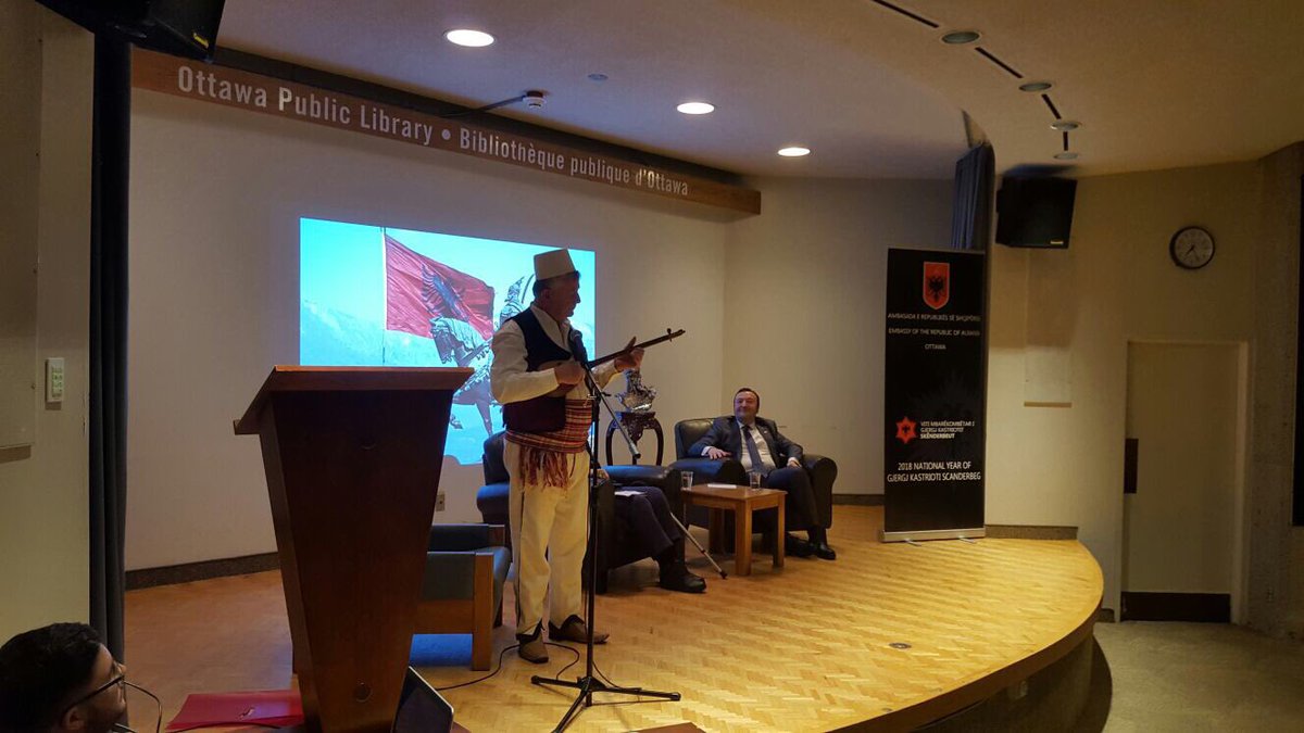 AlEmbassyCanada's tweet image. Full room at the #OttawaPublicLibrary on the occasion of opening in #Canada the Pan-National Year of Gjergj Kastrioti Scanderbeg, National Hero of Albania 🇦🇱