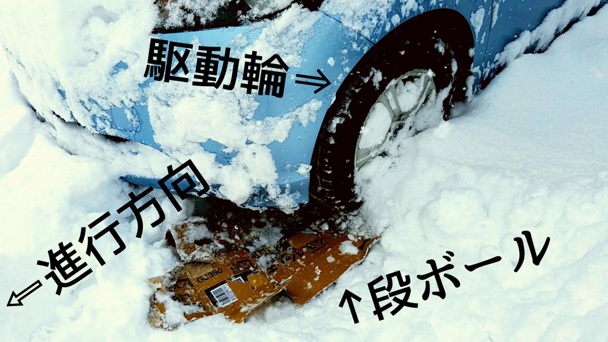 もとみ En Twitter 鬼拡散希望 雪で車がぬかったみなさん 落ち着いて スコップと段ボール 的なマットを使って まず 駆動輪 空転するタイヤ の進行方向にある雪をスコップでどかす 敷く 最初は ゆっくり アクセルを煽って 車が動き出したら 車速を