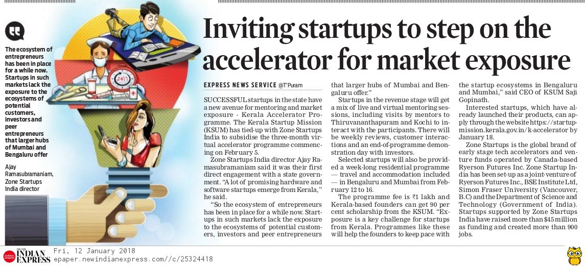 #Kerala <a href="/startup_mission/">Kerala Startup Mission</a> and <a href="/ZoneStartUpsIn/">Zone Startups India | BRTSIF</a> to launch an accelerator program for product #startups.

If you are a startup with a ready product, apply @ startupmission.kerala.gov.in/k-accelerator before 18th of this month.