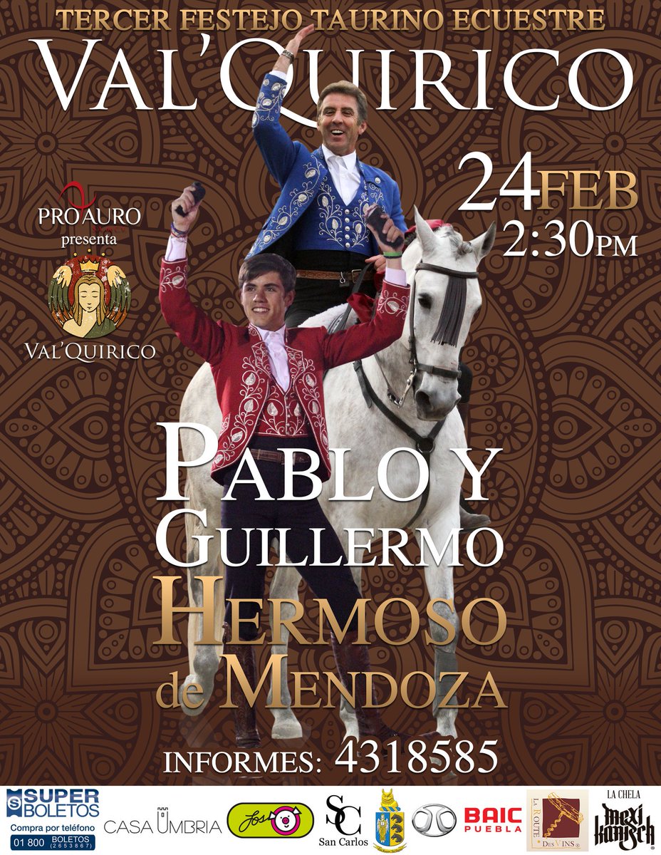 elektropuebla's tweet photo. Llega a @ValQuirico el Tercer #FestejoTaurinoEcuestre este 24 de Febrero 2018 Un evento Con Garantía @ProTauro_
#ValQuirico #Protauro #ElektroPuebla #Temporada5 https://t.co/QDpEtJ51X7