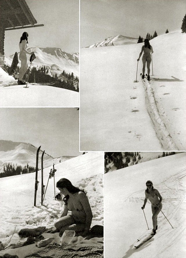 Fotos de esquí en blanco y negro del albergue FKK en Obertraun, Austria. 