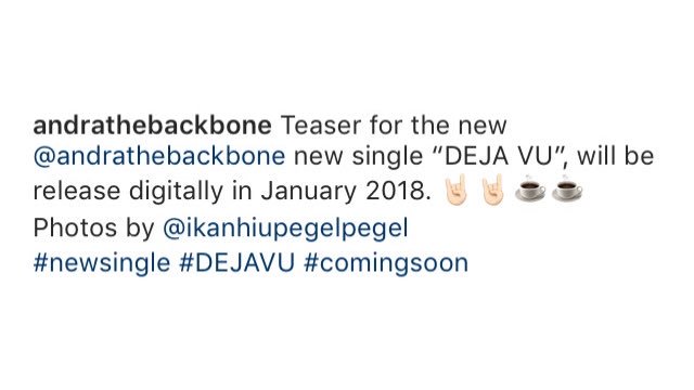POP CRAVE Indonesia (@popcraveid) on Twitter photo Andra & The Backbone akan comeback dengan Single terbaru "DEJAVU" yang akan segera rilis pada Januari ini. Dengarkan teasernya disini: bit.ly/2D4OIXH
<a href="/ABackBone/">Andra & the BackBone</a> Andra & The Backbone akan comeback dengan Single terbaru "DEJAVU" yang akan segera rilis pada Januari ini. Dengarkan teasernya disini: bit.ly/2D4OIXH
<a href="/ABackBone/">Andra & the BackBone</a>