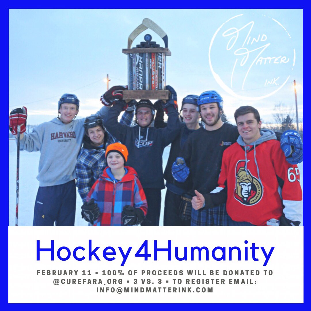 Come lace up the skates on February 11th in Carp and play 3vs3 Canadian outdoor shinny hockey to help #cureFA ! All proceeds donated to @CureFA_org . Teams of 6players.$150/team or $25/individual 16yrs+ . Register: info@mindmatterink.com #couragetoconquer mindmatterink.com