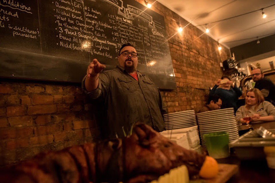"And over here we have a whole smoked hog, served #buffet style this Friday 11am till sold out, $15 AYCE w/ mac &amp; cheese, bread, slaw, &amp; all our sauces." #hamont #BBQ #wholehog
