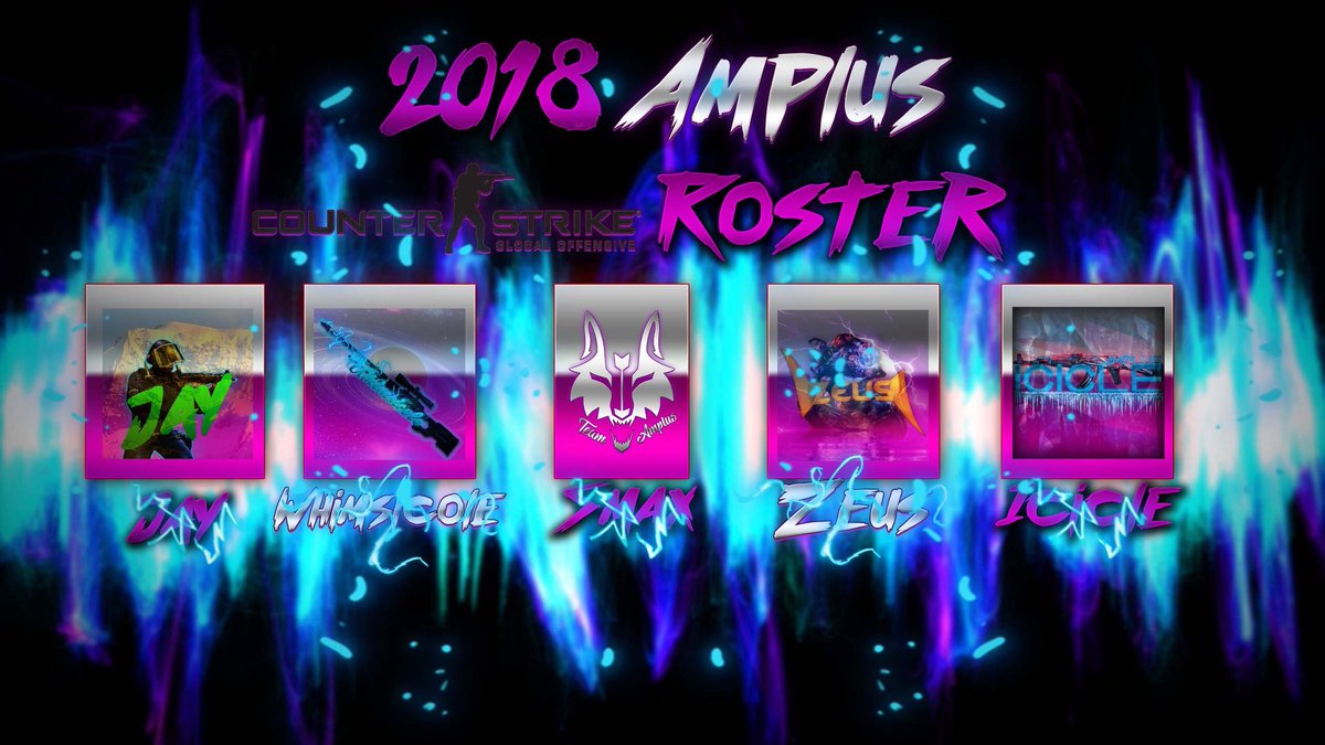 TeamAmplus's tweet image. INTRODUCING THE BRAND NEW 2018 AMPLUS CSGO ROSTER! 
Credit: @sly4067 

- Jay (AWPer)
- Icicle ( Lurk )
- Whimsicole (Support) 
- Zeus (Entry frag) 
- Smax (IGL) 

2018 lookin bright!