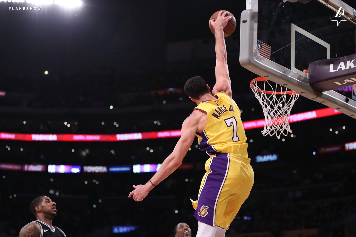 Lakers's tweet photo. Reach all the way back for it Mr. Nance!! #LakeShow. https://t.co/5Oi5Z8Gcex
