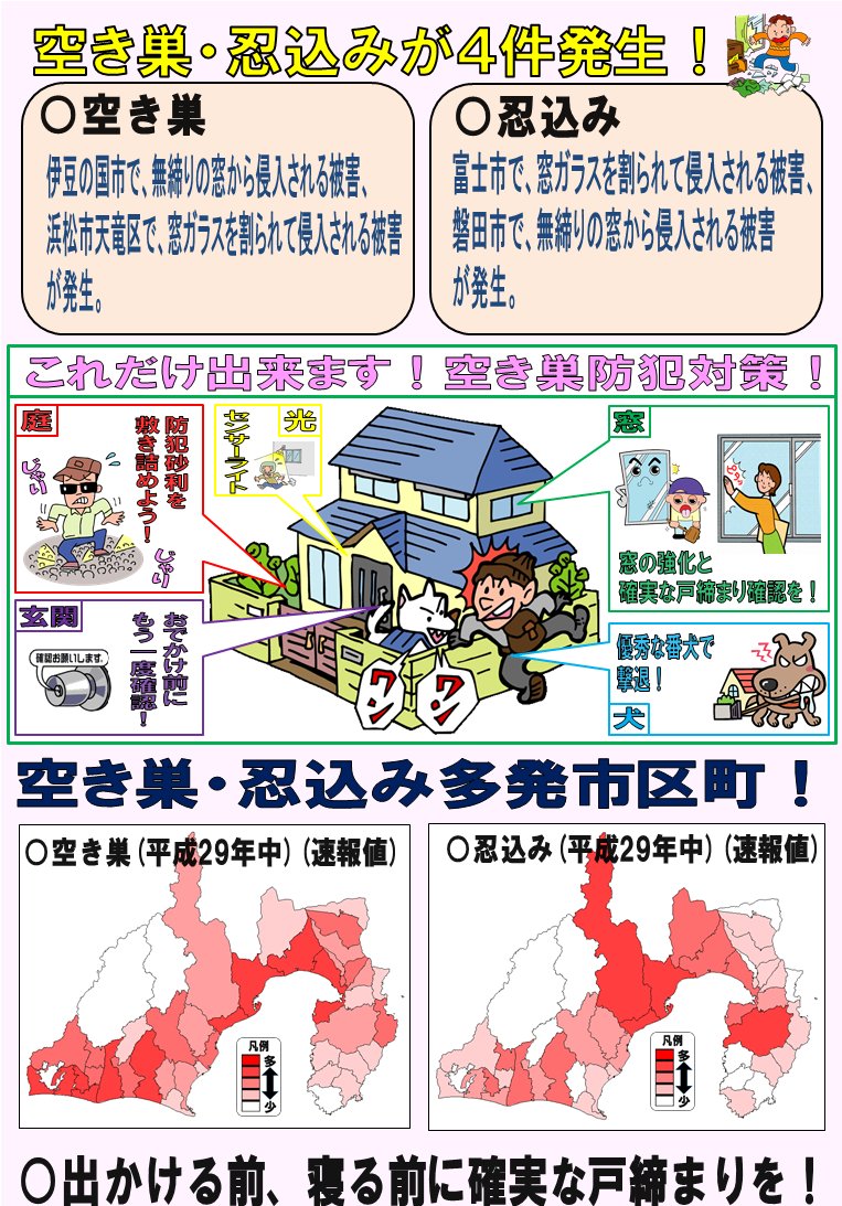 ふじのくに防犯対策推進室 静岡県警察 No Twitter 1月11日 木 の犯罪認知状況 空き巣 忍込みが4件発生 空き巣 伊豆の国市 浜松市天竜区で発生 忍込み 富士市 磐田市で発生 出かける前 寝る前に確実な戸締りを ふじのくに防犯対策推進室 静岡県警察 No Twitter 1月11日 木 の犯罪認知状況 空き巣 忍込みが4件発生 空き巣 伊豆の国市 浜松市天竜区で発生 忍込み 富士市 磐田市で発生 出かける前 寝る前に確実な戸締りを