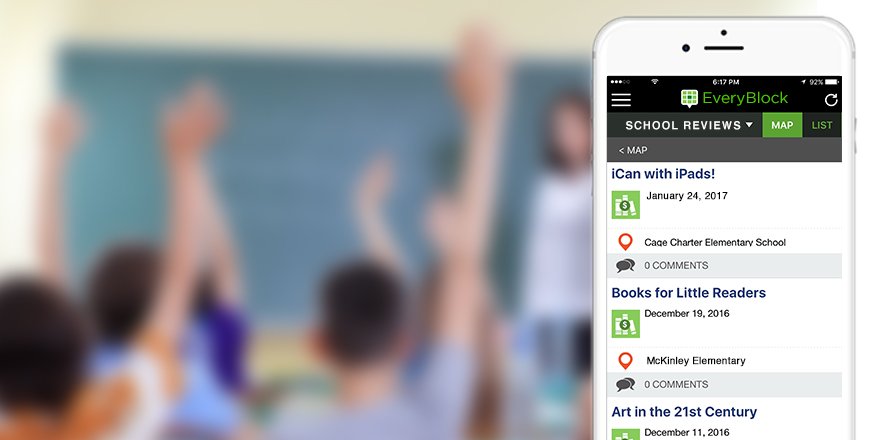 EveryBlock's tweet image. Which schools near you achieve great marks? EveryBlock's "School Reviews" feature makes it easy to keep up with progress in your community. Join here: comca.st/2CcOQ3o