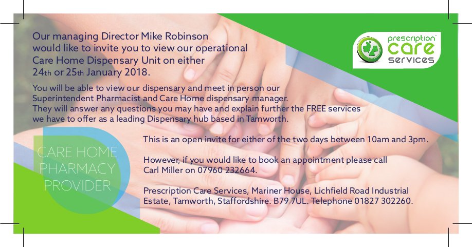 PrescriptionCS's tweet photo. If you work at a Care home or own a care home and are looking to change your dispensing pharmacy, Come and see us on the 24th and 25th January , we can help with all your medication needs https://t.co/fQ841Ms76p