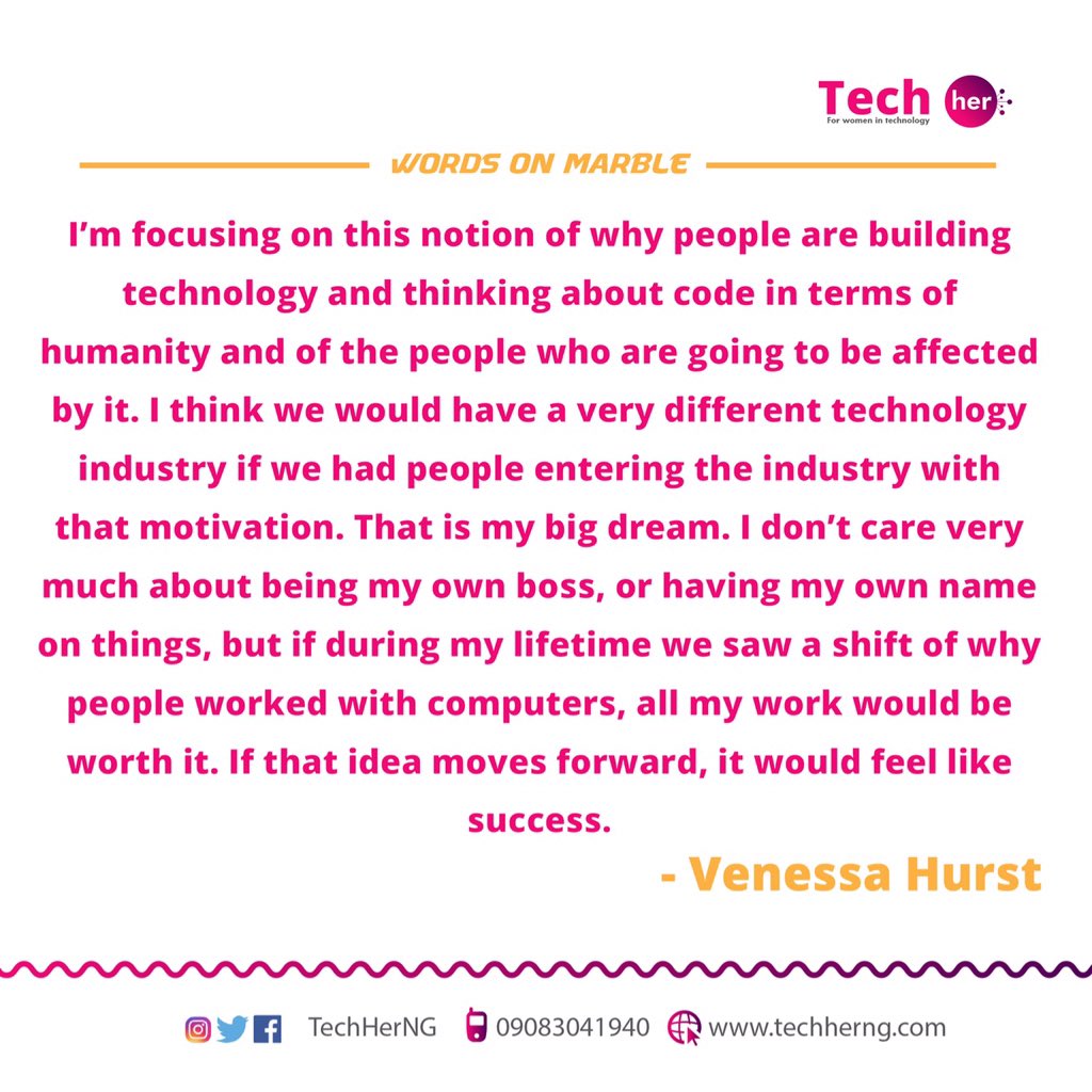 TechHerNG's tweet photo. Women like #venessahurst will always inspire you to stick to building a career in technology; it is not about the name but who is affected by the technology you build. #Anythingtech https://t.co/6D3tldR41t