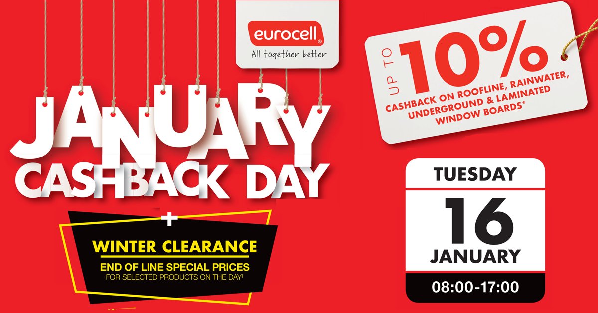 eurocellplc's tweet image. Get up to 10% cash back on any orders placed in branch only on January 16th 2018 plus our Winter Clearance with end of line special prices on selected products on the day! Click below for t's &amp;amp; c's, more details and your local branch location. eurocell.co.uk/cashback