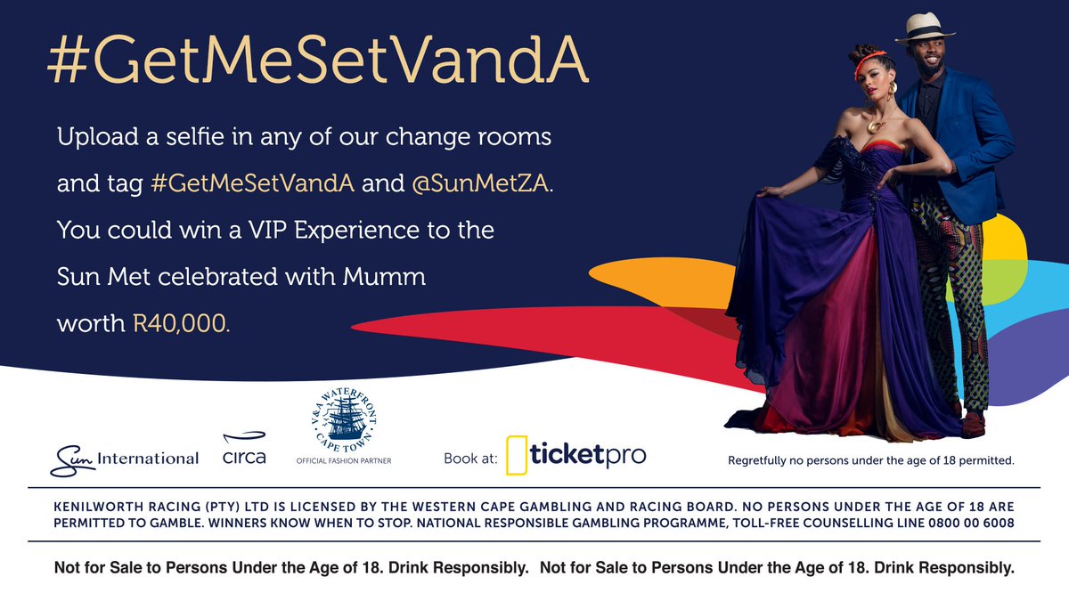 SunMetZA's tweet photo. Keen to win a VIP experience to the Sun Met? Simply try on an outfit at any of our clothing stores, upload the selfie and tag #GetMeSetVandA and @SunMetZA, and you could win! Winners announced on 22 January. https://t.co/zYFyPWeexc