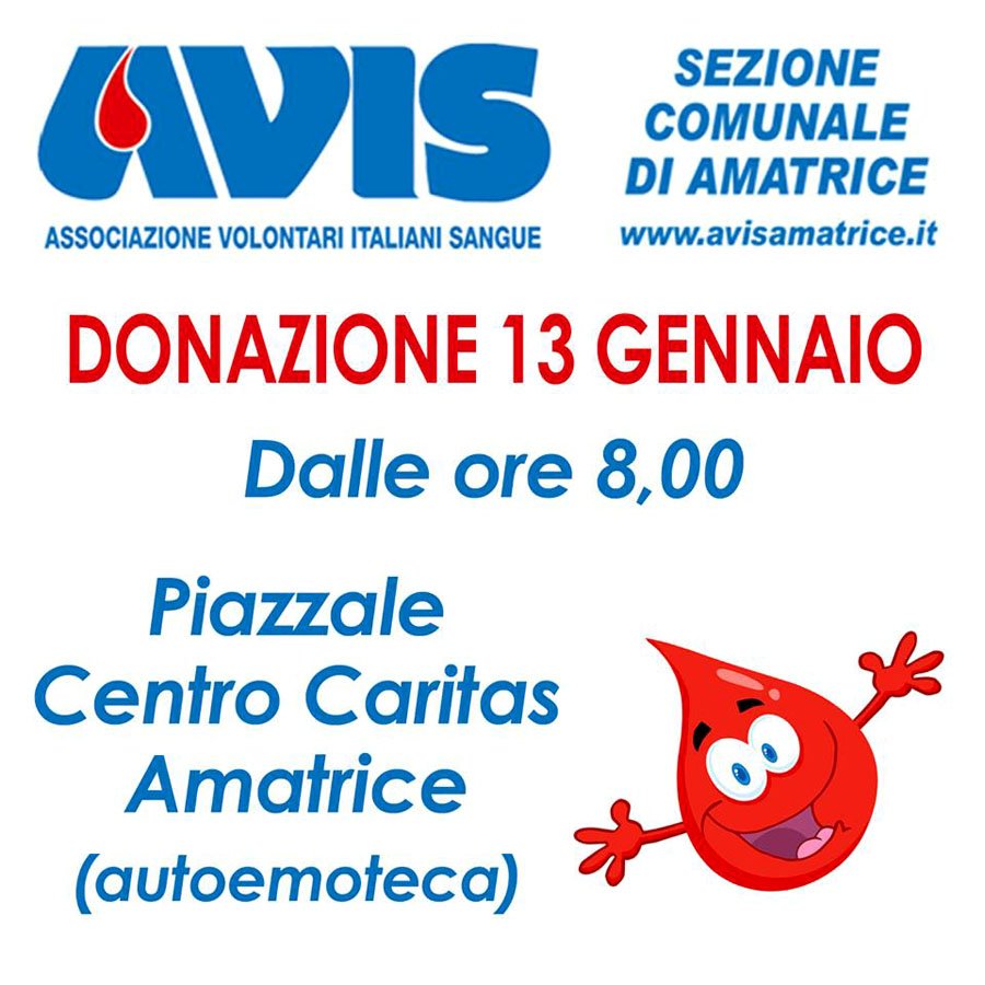 AvisAmatrice's tweet photo. Domani mattina si dona @AvisAmatrice presso il piazzale #Caritas con l'#Autoemoteca. L'#AVIS vi aspetta. Potete venire a trovarci se non avete mai donato e farci domande. Se siete nelle giuste condizioni fisiche è addirittura possibile donare direttamente in giornata! https://t.co/uwSnu5CND5