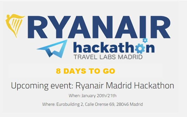 RyanairLabs's tweet photo. 8 DAYS TO GO! Don't miss your chance to win free flights & work with Europe's no.1 airline - sign up here for our Hackathon in Madrid https://t.co/76BVZ5R8pf Individuals & groups welcome. No idea, no problem we'll assign you a team to work with #HackRyanair #Hackathon #TechMadrid https://t.co/bYnPabVCDs