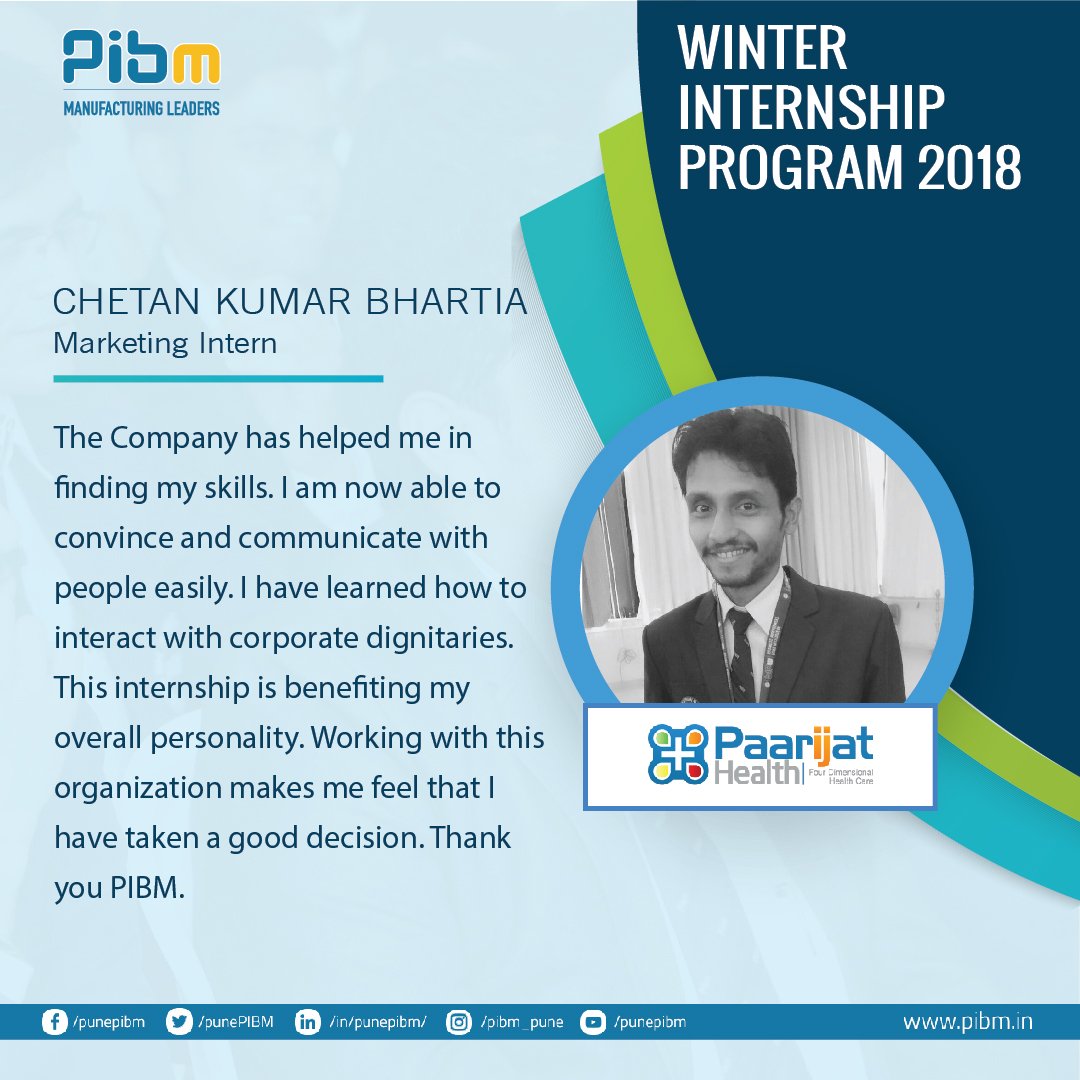 PunePIBM's tweet image. Here is Chetan Kumar Bhartia (Batch 2017-2019), sharing his learning experience while working as a Marketing Intern at Paarijat Health.
#WinterInternshipProgram #WIP #paarijathealth #PIBM #PIBMPune #MBA #PGDM