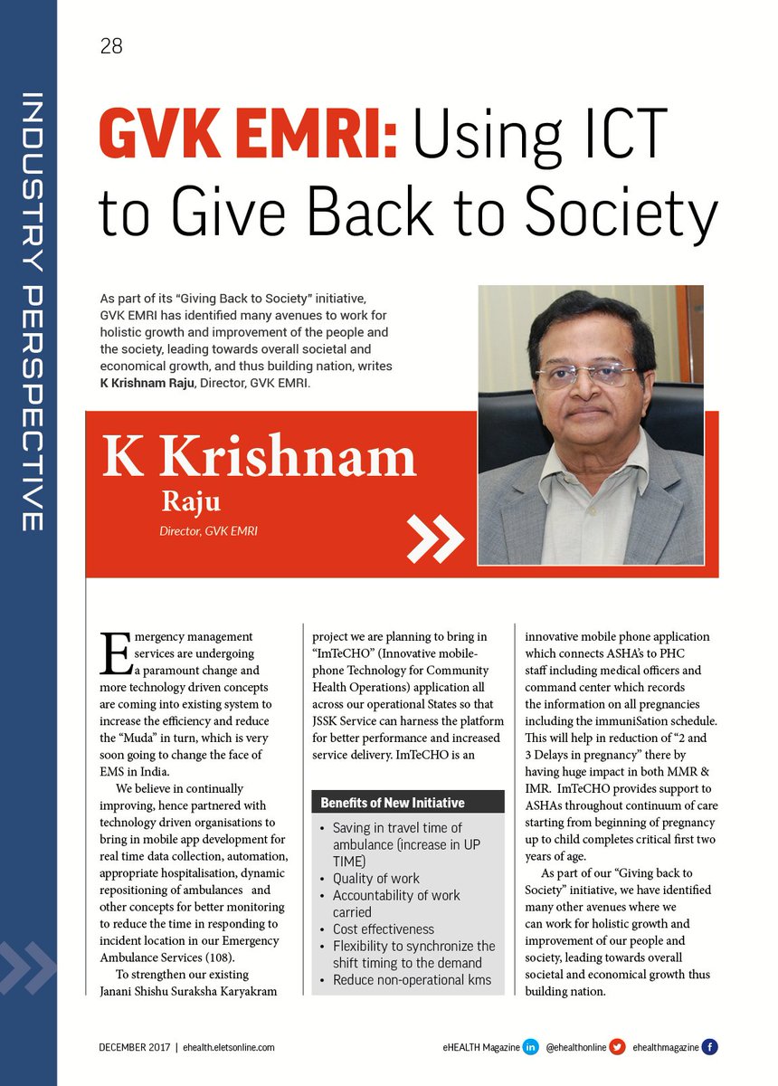 How GVK EMRI is using ICT to give back to society: Read what K Krishnam Raju, Director, GVK EMRI has to say.
Read bit.ly/2mhZTSr
#eHealth #healthcare #eletsonline #medicaltechnology #ICTinhealthcare