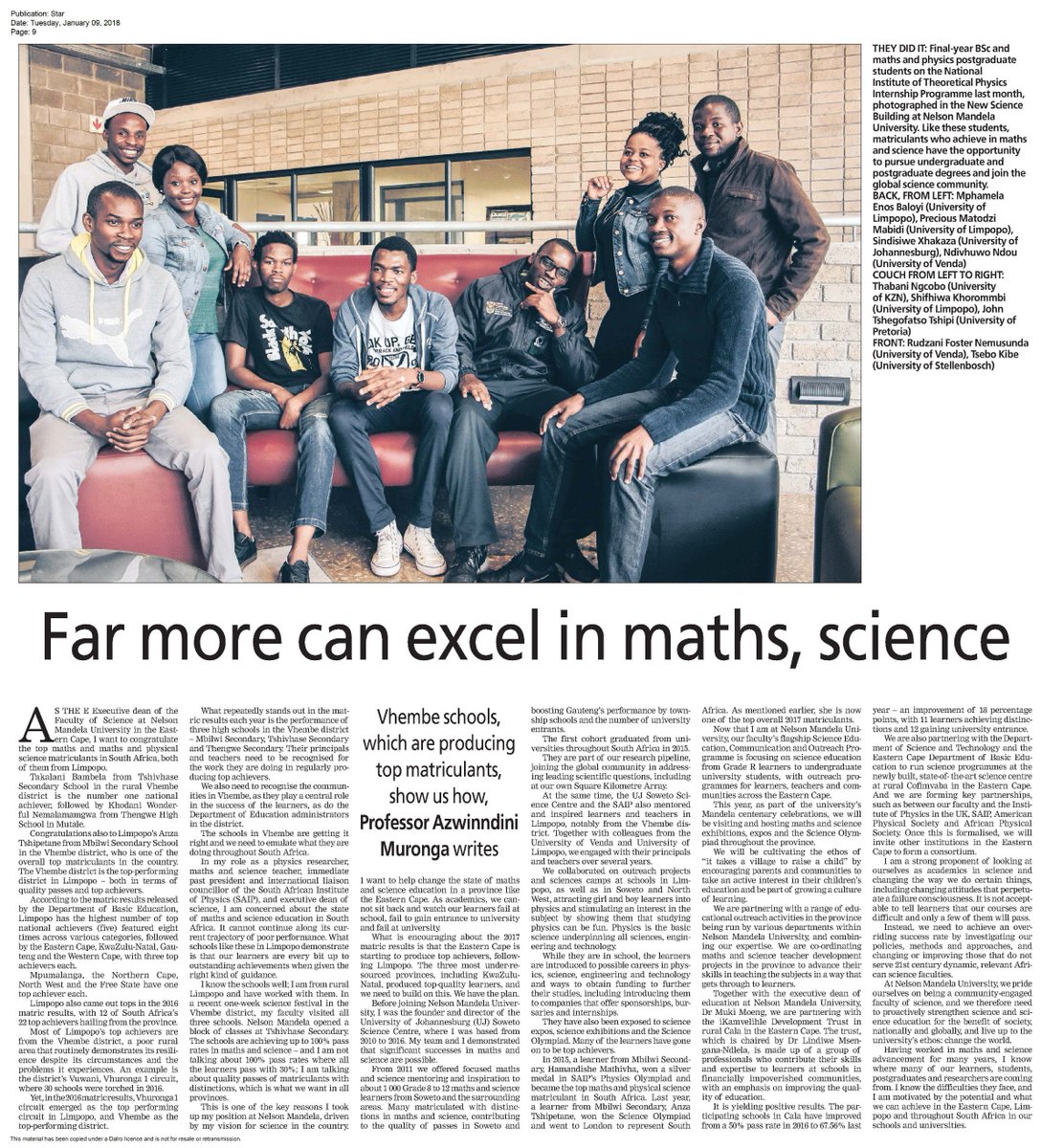 NMMUScience's tweet photo. Read why Prof @AzwiMuronga believes Vhembe schools can show us how more Eastern Cape students can excel in maths and science! https://t.co/eWi7msqXWm