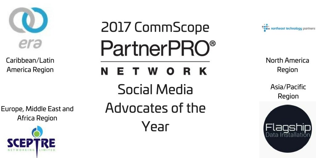CommScope's tweet image. Congratulations to our 2017 #PPNetwork #SocialMedia Advocates of the Year. We thank these regional partners for sharing our content and #RunsOnCommScope images across their platforms. @EraTelecom  @SceptreNet  @NE_tecpartners  #flagship_data_installation #CommScope