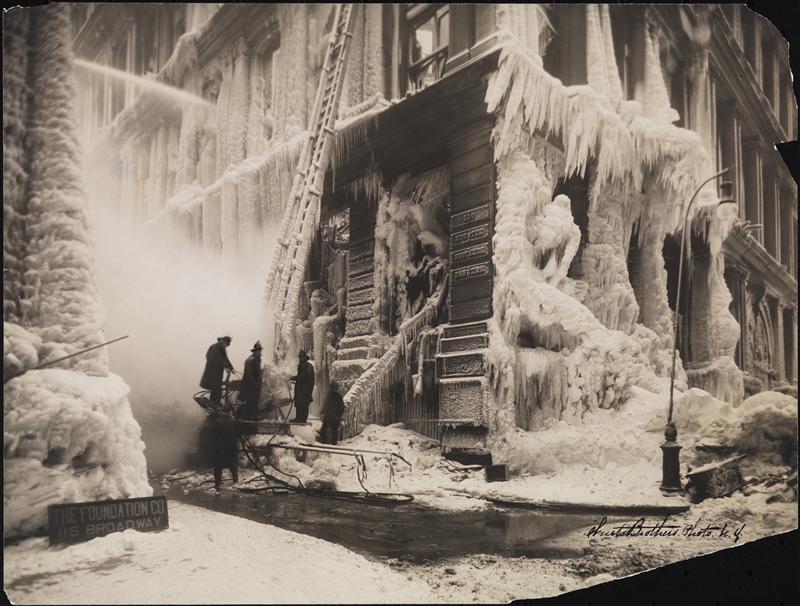 MuseumofCityNY's tweet photo. 106 yrs ago #thisweek, the Equitable building at Broadway and Cedar Sts burst into 🔥 on a frigidly cold day. 🚒  &amp; firemen were instantly covered in ice, &amp; the building turned into an imposing &amp; dangerous "ice palace" (according to the @nytimes). 
[Wurts Bros., X2010.11.9141] https://t.co/CmMNq7LfUi