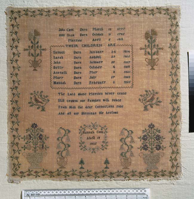 CuratorElen's tweet photo. Coeden deulu ar ffurf sampler. Gwaith llaw Hannah Cook - ganed #arydyddhwn yn 1825. #brodwaith #pwytho
Sampler stitched by Hannah Cook, born #OTD in 1825. The youngest child of John & Ann Cook. #needlework #embroidery #histchild https://t.co/PkjbCrygkM