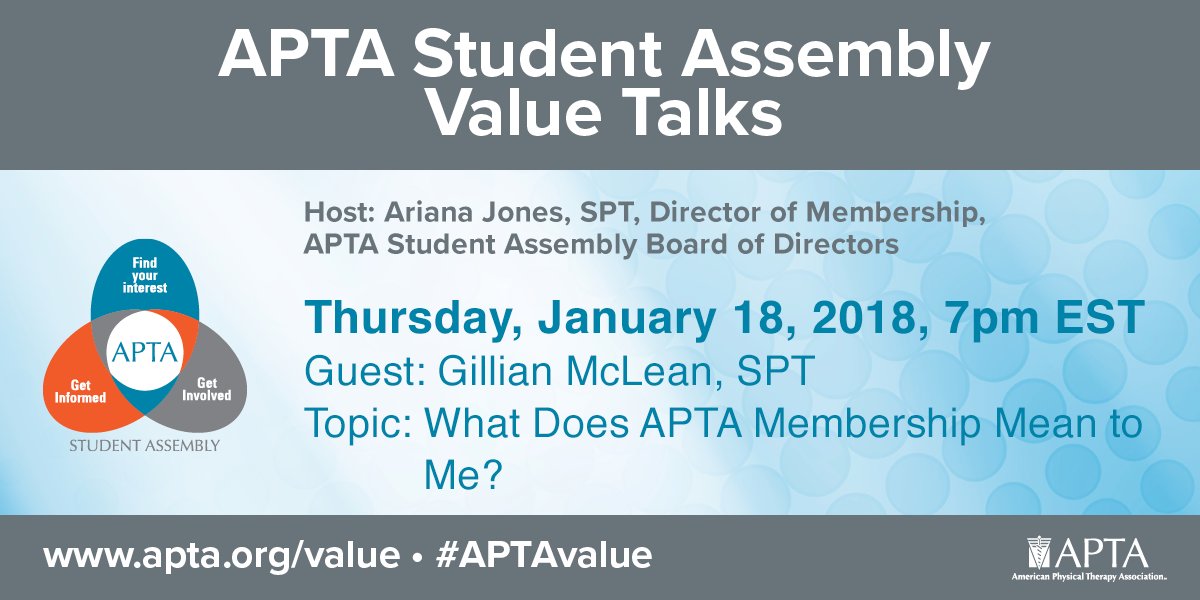Mark your calendars for the very first #APTAmember Value Talk with @ArianaJonesSPT happening via Facebook live on Jan 18. #APTAvalue #DPTstudent #PTAstudent #FreshPT