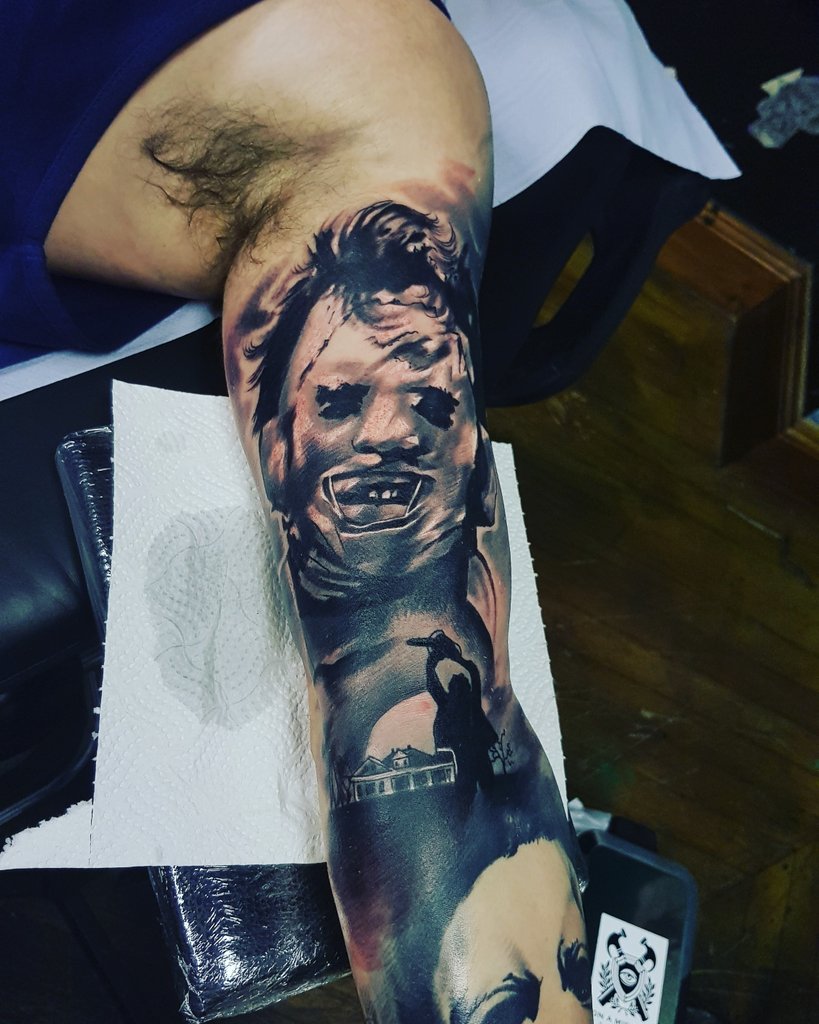 Texas chainsaw massacre family color portraits healed by Joe Charles  Bullock III at Monsterland Tattoos in El Paso Texas  rtattoos
