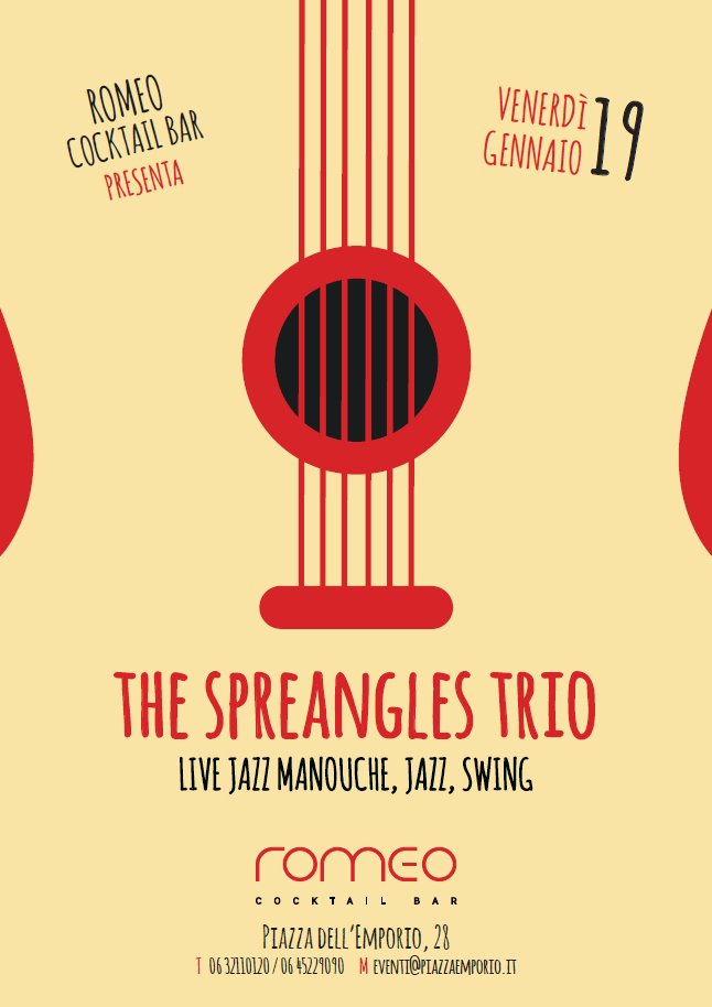 SpreanglesTrio's tweet photo. #spreanglestrio al #romeochefandbaker di Piazza dell'Emporio 28 venerdì 19 gennaio #eventiroma #romaevents #musicaroma #ristoranteroma #jazz #swing https://t.co/QjxVR9WJYV