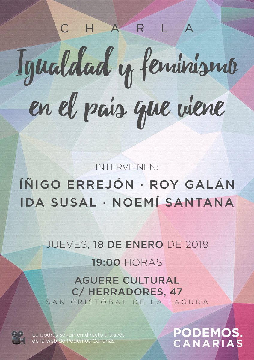 PodemosCanarias's tweet image. 👏Desvelamos por fin la primera sorpresa: un acto muy especial este jueves en La Laguna: Cultura, feminismo y política. Con @ierrejon, @RevolutionRoy, Ida Susal y @noepmp. 😍