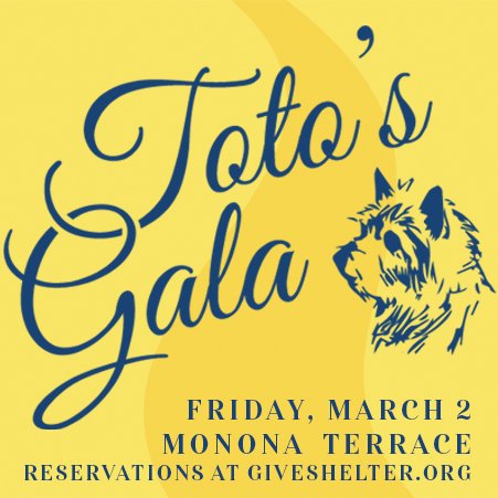 Reserve your seats today for Dane County Humane Society's largest fundraiser, Toto's Gala, on Friday, March 2 at Monona Terrace! ow.ly/AE4530hEaMB 

#TotosGala #puppygreeters #fundraiser #werenotinkansasanymore #afterparty