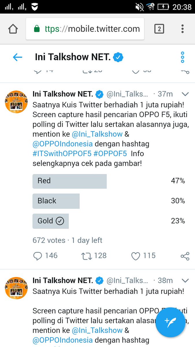Kalau aku dikasih OPPO F5, aku pilih warna Gold. Karna aku suka keELEGANT-an <a href="/Ini_Talkshow/">Ini_Talkshow</a> <a href="/OPPOIndonesia/">OPPO Indonesia</a> #ITSwithOPPOF5 #OPPOF5