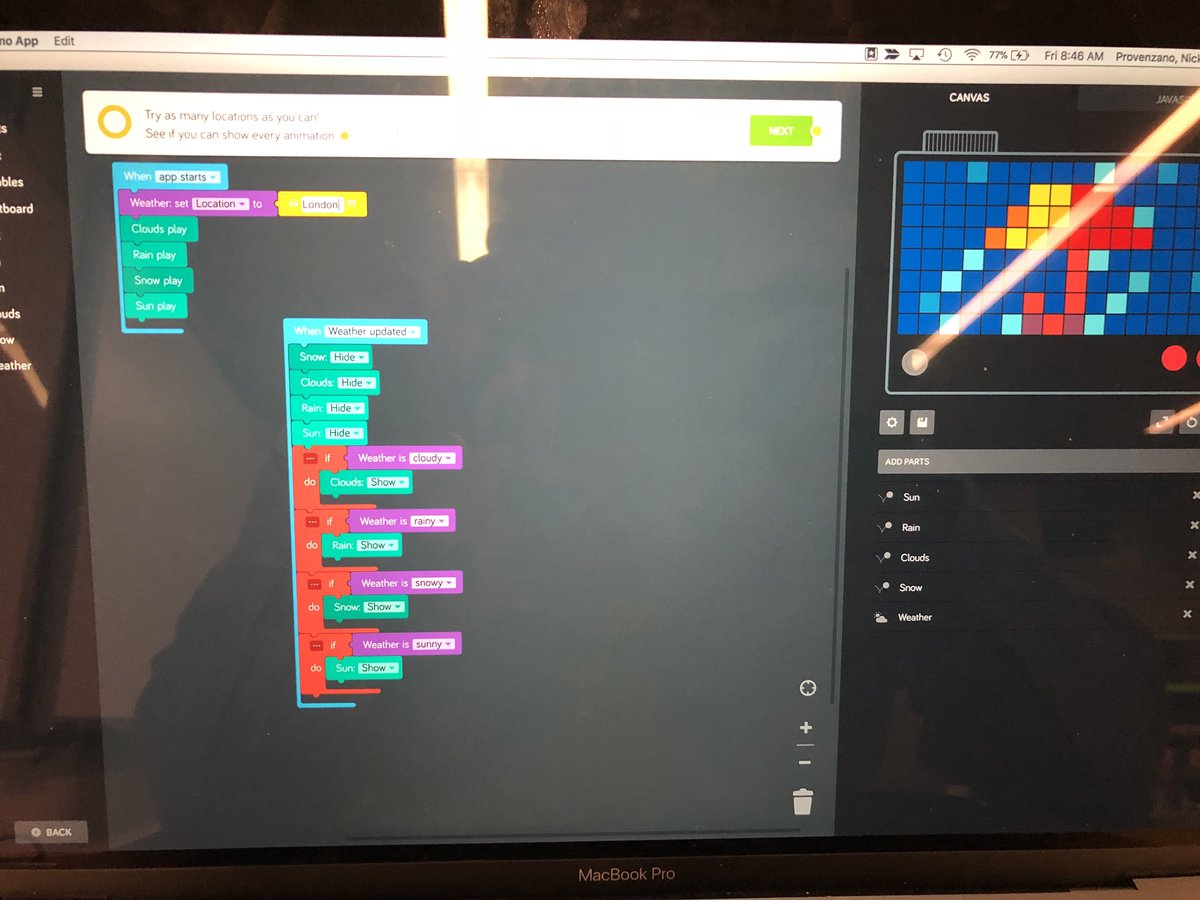 thenerdyteacher's tweet photo. Great news! I will be at @Bett_show in a few weeks with Kano talking STEAM and Makerspaces at my awesome school @uniliggett . I thought I’d check the weather in London, so I coded the @TeamKano Pixel Kit for up to date weather! #MakerEd #LiggettLearns https://t.co/v5ErUlBcE0