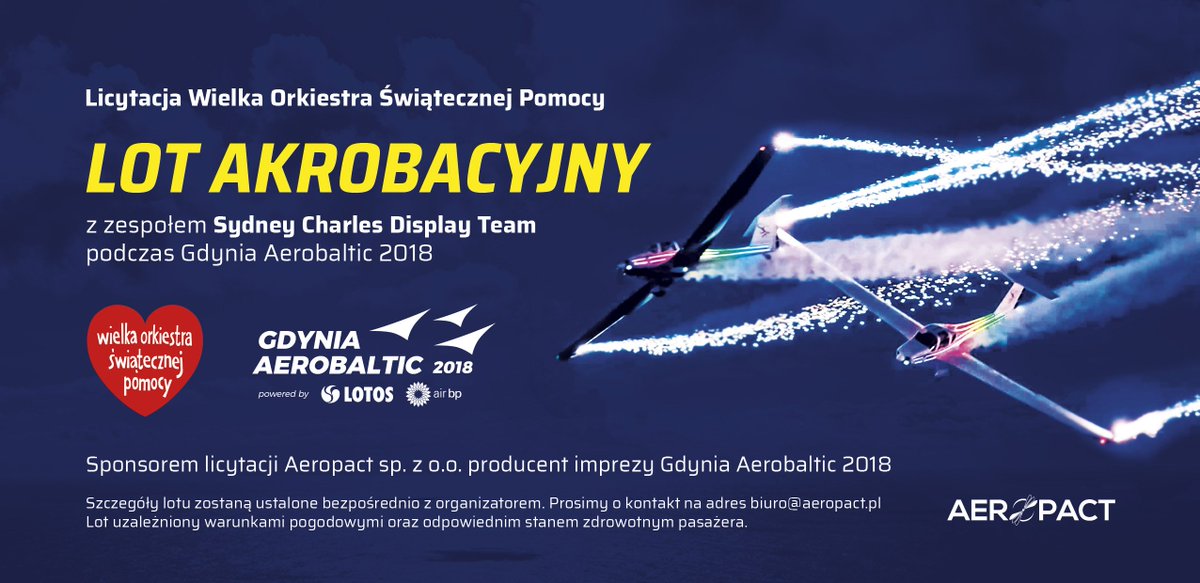 Wspólnie z #Gdynia gramy dla <a href="/fundacjawosp/">WOŚP</a>. Do wylicytowania lot akrobacyjny z pilotami z Wielkiej Brytanii podczas #gdyniaaerobaltic <a href="/MiastoGdynia/">Gdynia</a> <a href="/GdyniaSport/">Gdyńskie Centrum Sportu</a>.