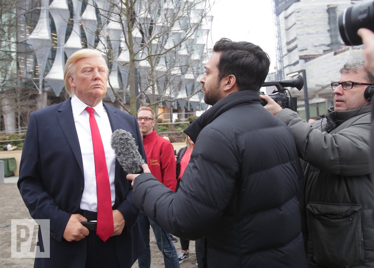 AndrewBloch's tweet photo. PR Stunt of the Day: Madame Tussauds place waxwork of Donald Trump in front of the new US embassy in London.

#ICancelledMyTripToLondon https://t.co/AKrcgE9nX1