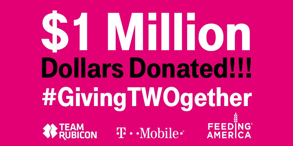 JohnLegere's tweet photo. We asked and YOU delivered! Because of your efforts @Tmobile is able to donate $1 million to @TeamRubicon and @feedingamerica! Thank you to everyone who dropped off and recycled their devices, how’s that for #GivingTWOgether!? #WeWontStop #AreYouWithUs https://t.co/oaMiW4CHid