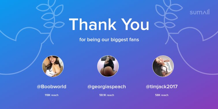 Our biggest fans this week: @Boobworld, @georgiaspeach, @timjack2017. Thank you! via https://t.co/Zrh88qn47t