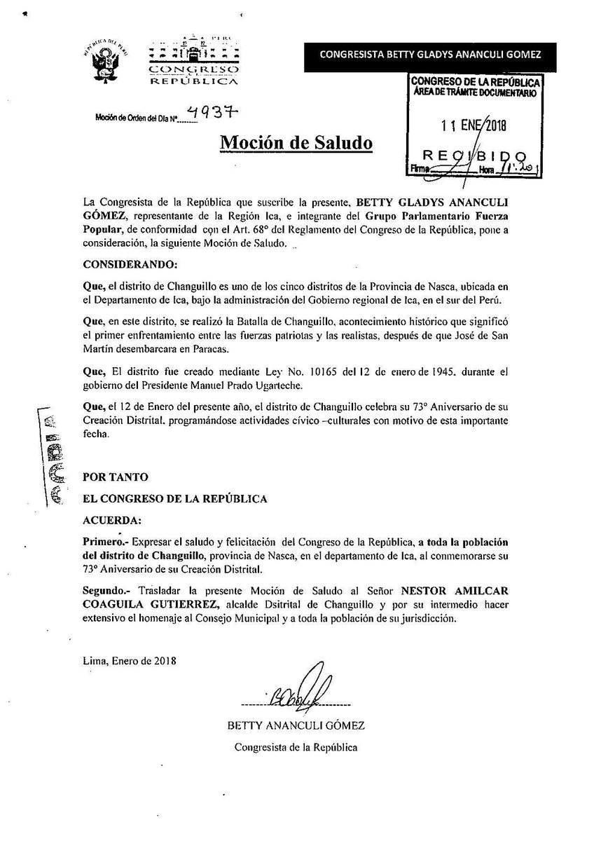 BettyAnanculi's tweet photo. 12/01/2018► FELIZ 73º ANIVERSARIO DISTRITO DE CHANGUILLO - NASCA 
#MocióndeSaludo #UnDiaComoHoy 
#Changuillo #Nasca https://t.co/J4W3aoLbUv