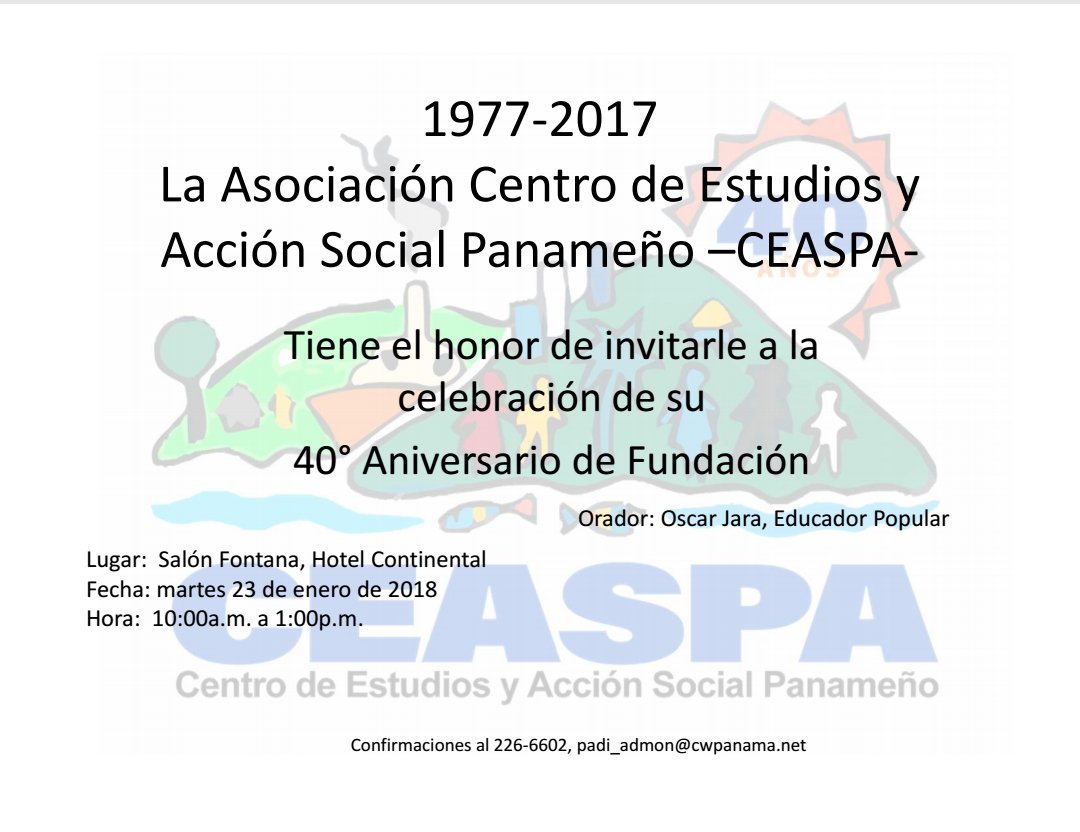 ForoSocCivil's tweet photo. El Centro de Estudios y Acción Social Panameño (CEASPA) está de aniversario. 40 años de acción por y con la gente. Seguimos activos y trabajando por #Panamá https://t.co/gyzxObyLac