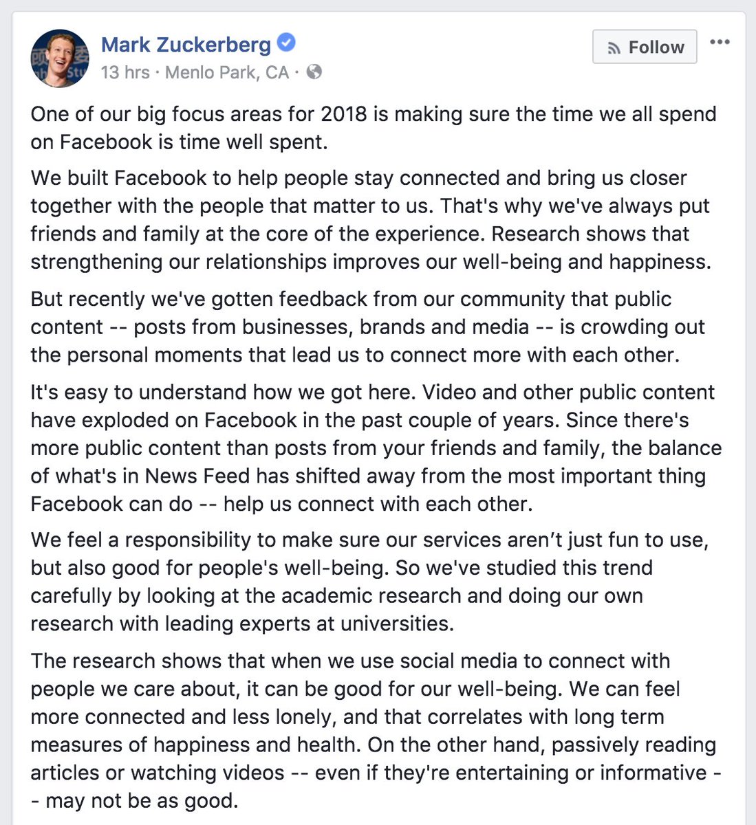 kevinholesh's tweet image. Amazing (and unexpected) statement from @facebook’s Mark Zuckerberg saying how he wants your time on Facebook to be Time Well Spent.