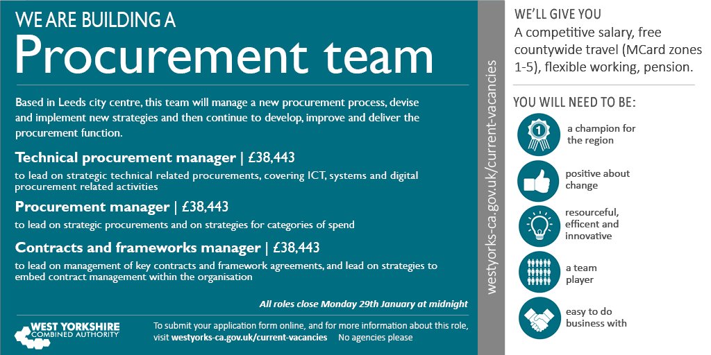 We’re recruiting for a new Procurement team, £38,443 - £44,512 p.a, Leeds City Centre based, closing date 29 January - for more details on this and our other job vacancies visit westyorks-ca.gov.uk/jobs/ #jobs #career #work #employment
