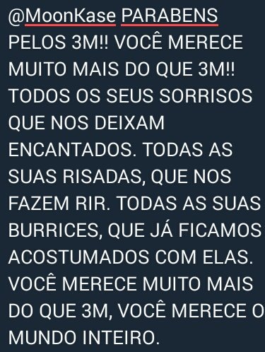 KaseBrasil's tweet photo. TEXTO DOS 3M!! #MK3M 
@MoonKase https://t.co/I8LiwtmWL4