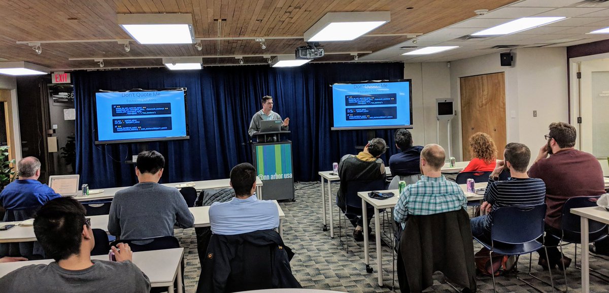 RobWeyant's tweet photo. Colin giving a great talk on nonstandard evaluation at the @AnnArborRUsers January Meetup last night #AnnArbor #ruser #rstats https://t.co/yuDCD0iONa
