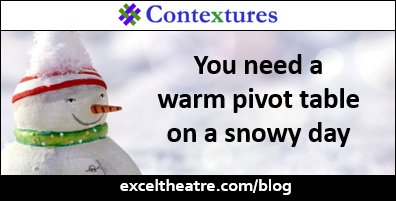 ddalgleish's tweet image. Does a pivot table keep you warm on a snowy day? #Excel This week&apos;s #ExcelTweets #excelfun #excelhumor
exceltheatre.com/blog/archives/…