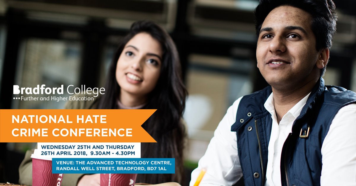 BradfordCollege's tweet photo. Tickets are now available for the National Hate Crime Conference on Wed 25 &amp; Thu 26 April! Book now! #NHCC18 @BradfordCollege
https://t.co/qhVNgU5e1S https://t.co/LGBkvGNZvb