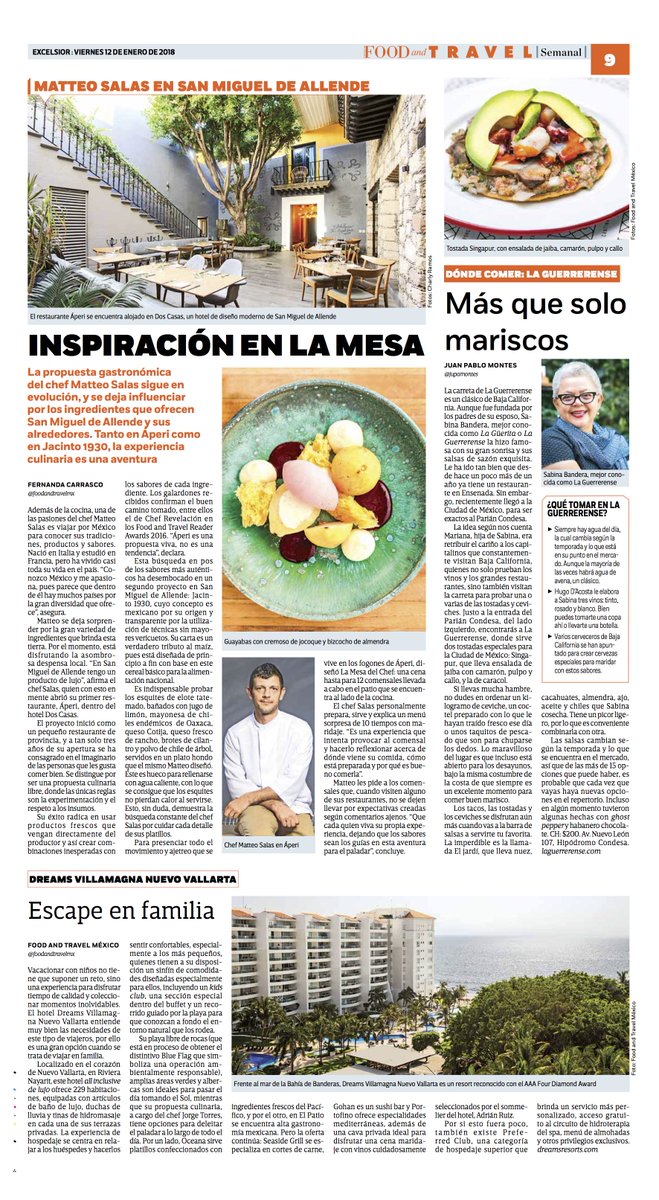 Este viernes en #FoodandTravelSemanal, <a href="/AspenSnowmass/">Aspen Snowmass</a> te espera para que disfrutes sobre la blanca nieve. La inspiración del <a href="/chefmatteosalas/">Matteo Salas</a> convertida en delicias culinarias. La Guerrerense en la Ciudad de México y Dreams Villamagna un paraíso para visitar.